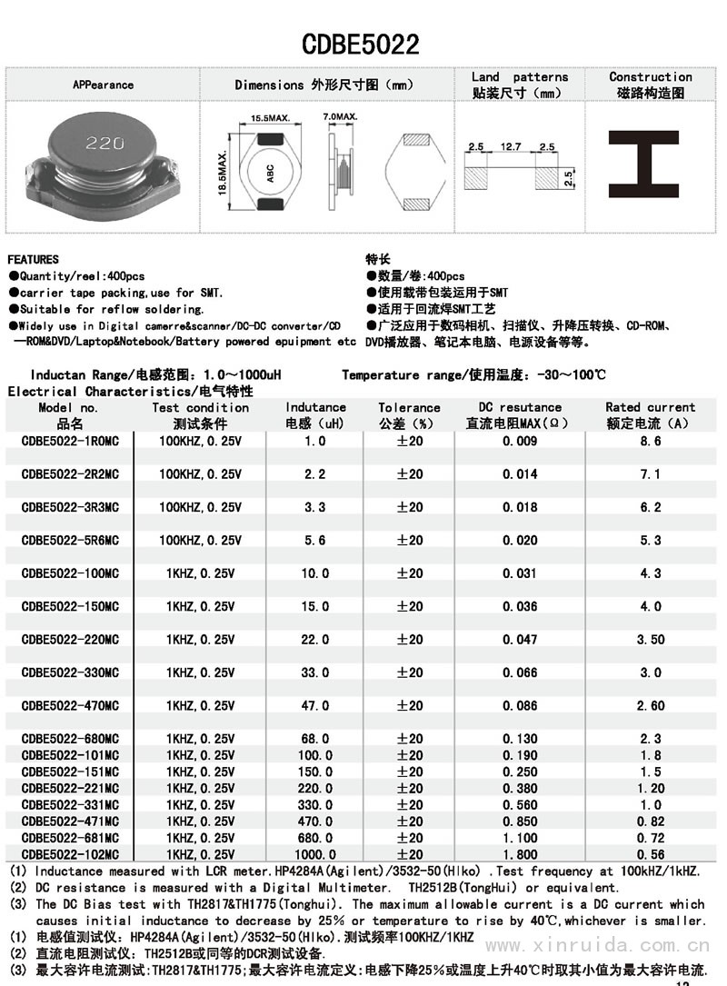 芯瑞達(dá)電子,CDBE5022電感,貼片電感,功率電感,繞線電感