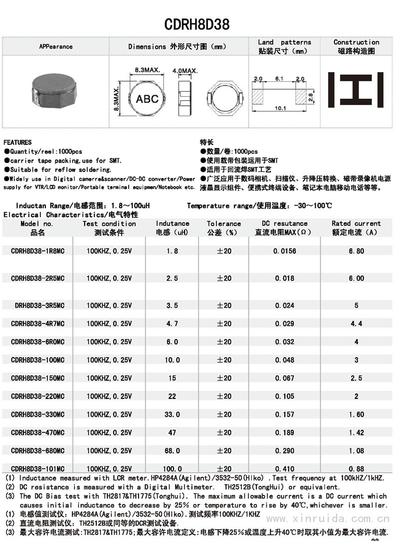 芯瑞達電子,CDRH8D38電感,貼片電感,功率電感,繞線電感