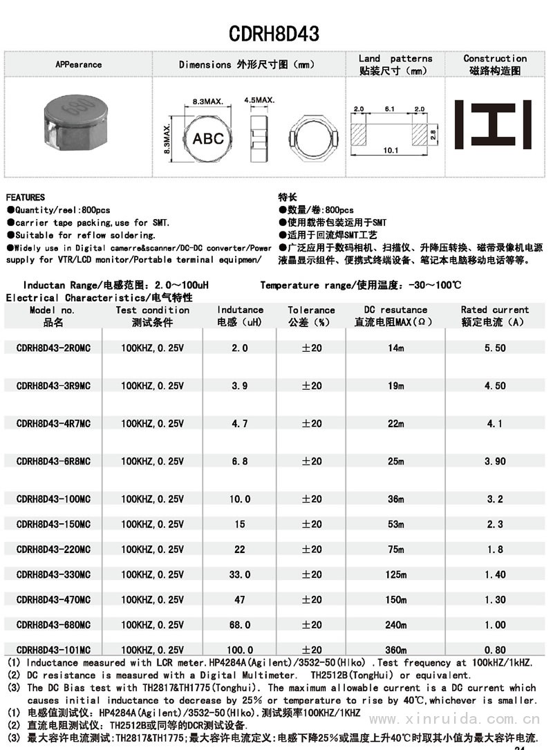 芯瑞達(dá)電子,CDRH8D43電感,貼片電感,功率電感,繞線電感