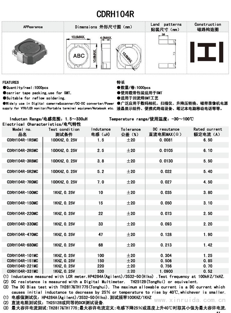芯瑞達電子,CDRH104R電感,貼片電感,功率電感,繞線電感